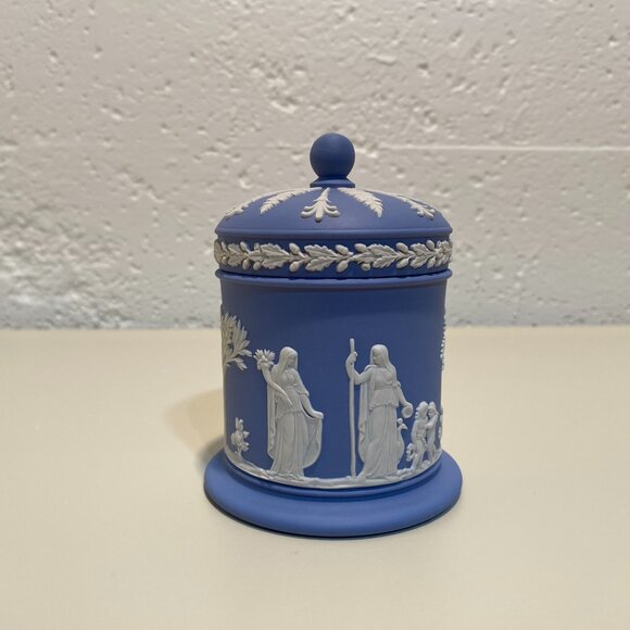 Wedgwood Blue Jasperware Lidded Jar with White Motif - Picture 2 of 8
